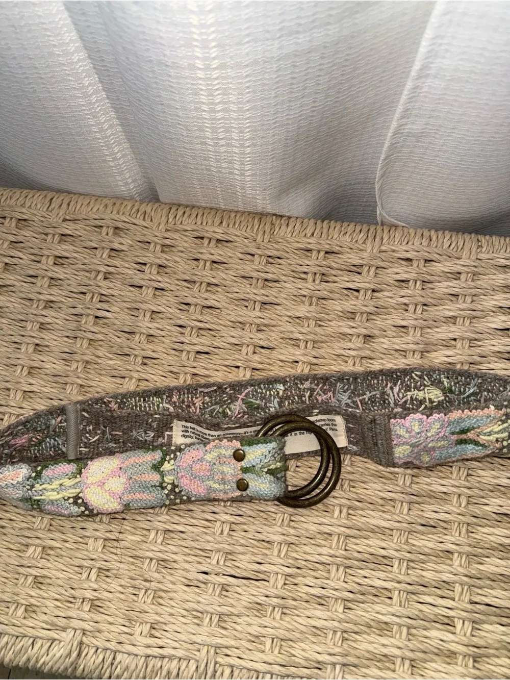 Embroidered Floral Fabric Belt with Double Ring Buckle - Gray/Pastel